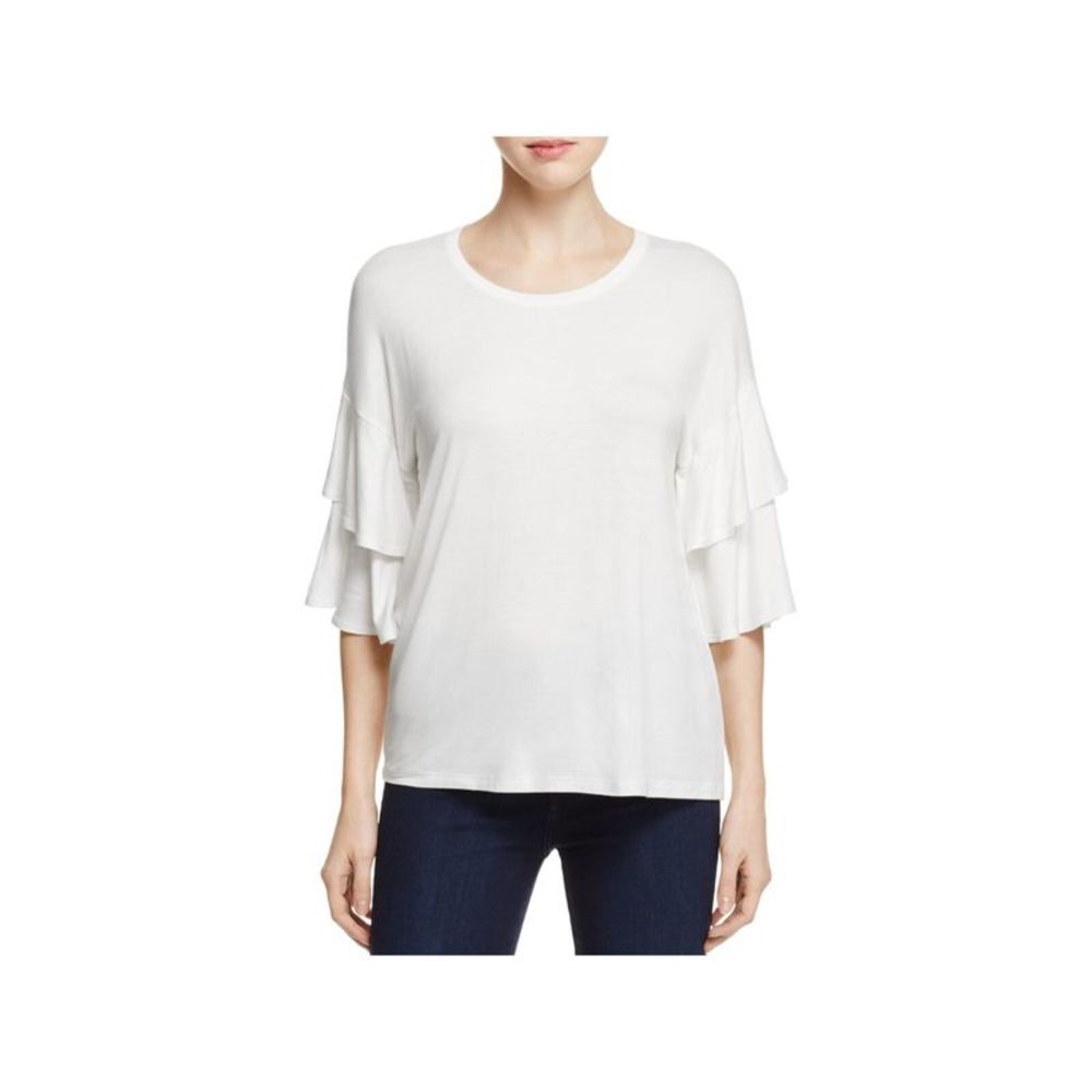 K & C Womens Ivory Stretch Ruffled Tiered Bell Sleeve Round Neck Top L